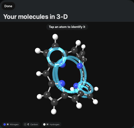 Porphine after the fix: one annulus threading the inner macrocycle through all four nitrogens, plus clouds on the two aromatic pyrroles.