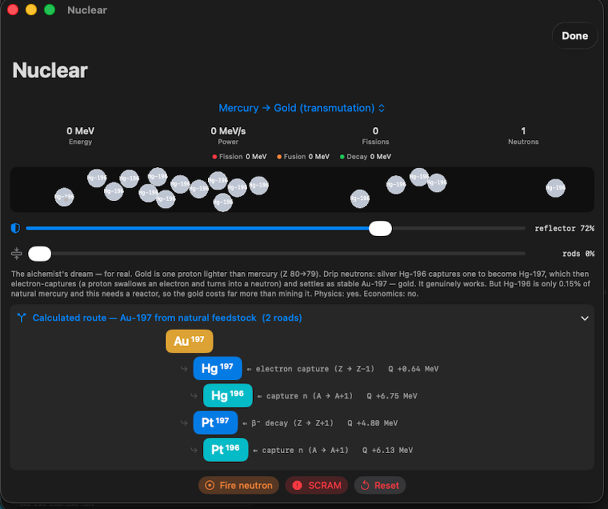 Aufbau calculated transmutation route from mercury to gold, with Q-values
