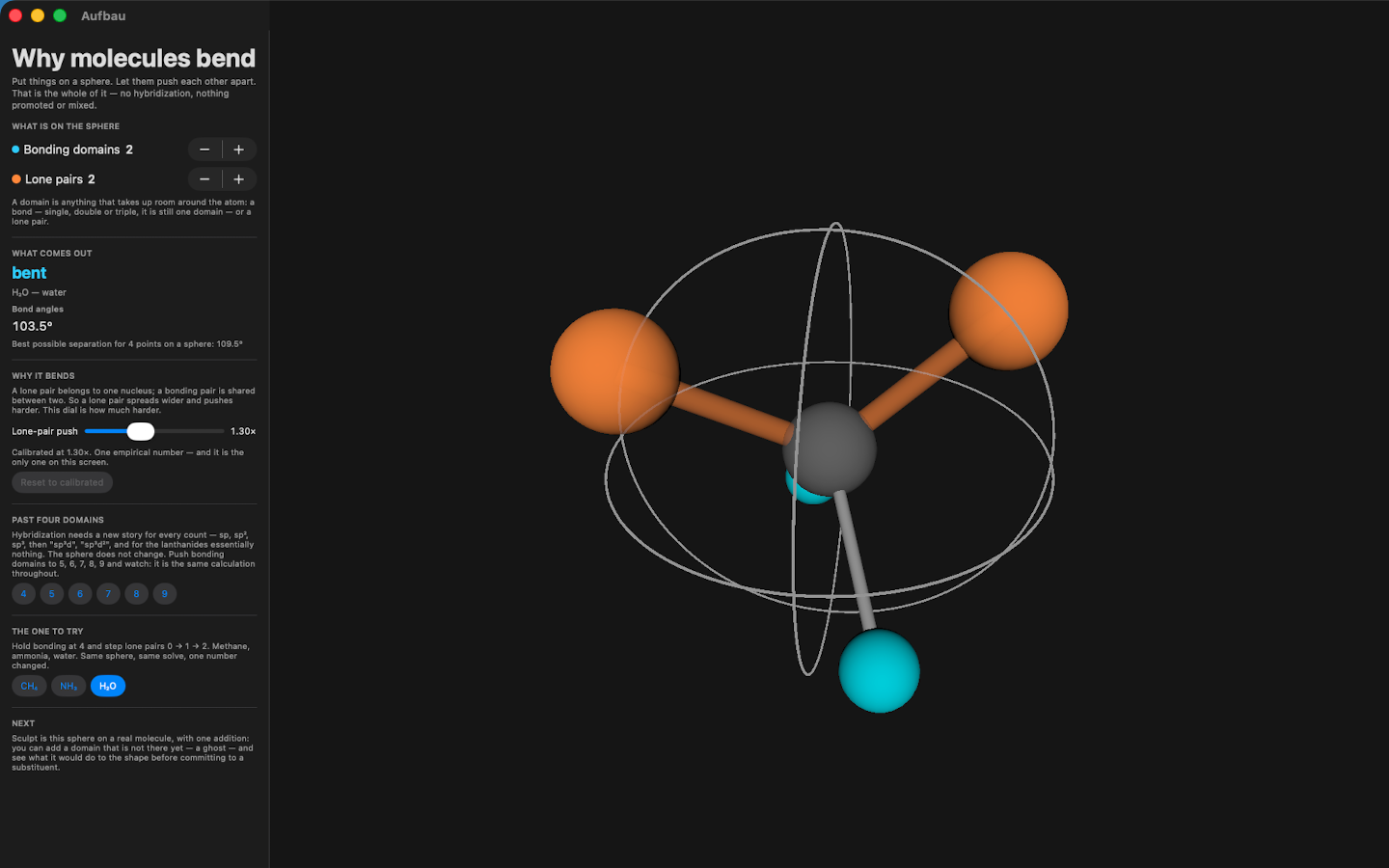 Aufbau lesson &ldquo;Why molecules bend&rdquo;: bonding domains and lone pairs arranged on a sphere beside water&rsquo;s computed 103.5&deg; bond angle and a lone-pair push dial