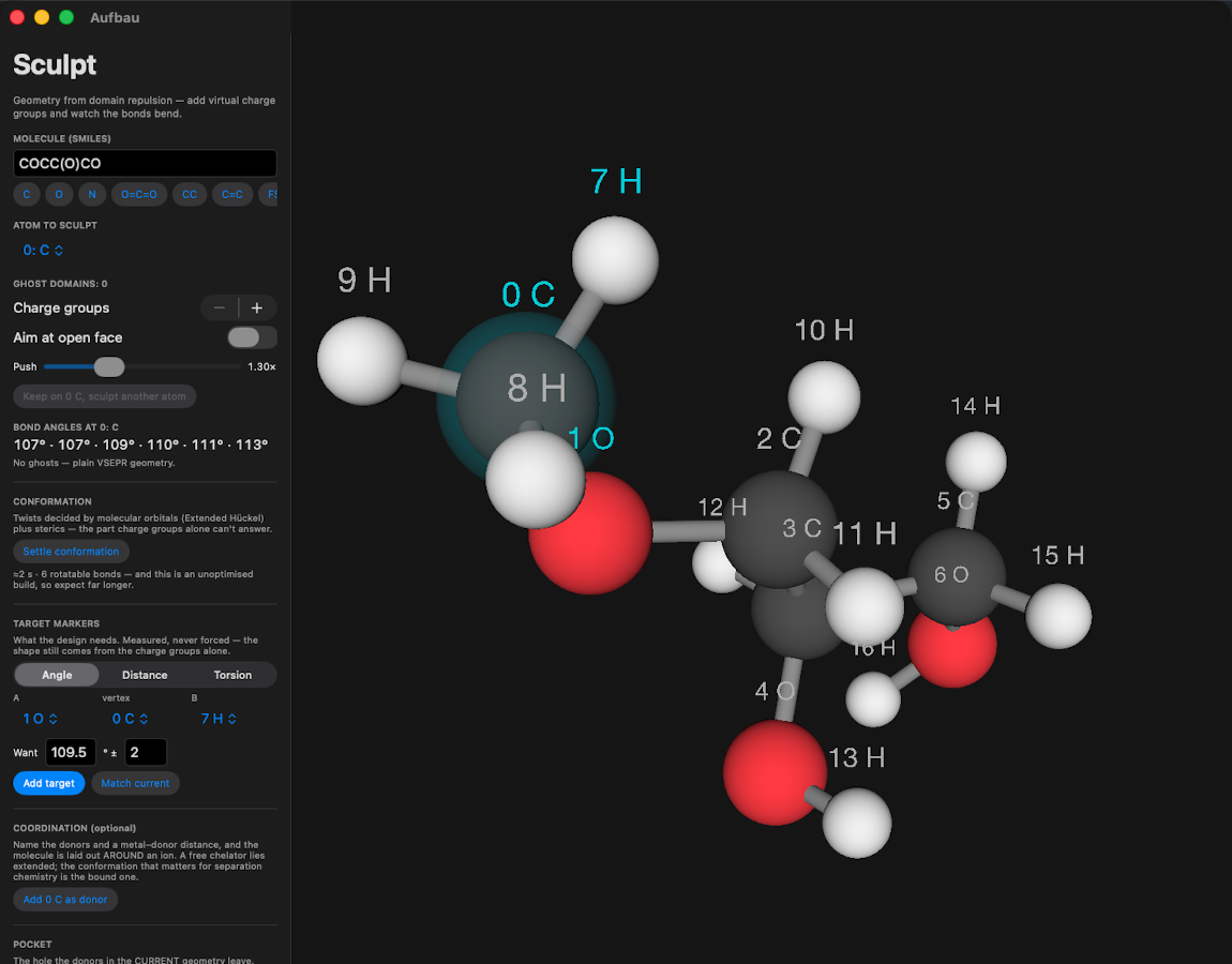 Aufbau's Sculpt tool: a molecule in 3-D with its computed bond angles listed, alongside controls for charge groups, target markers and coordination